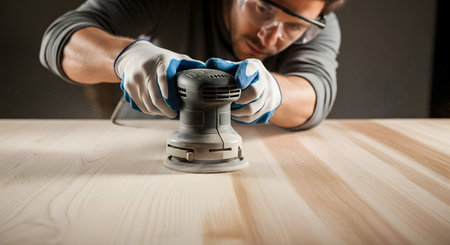 A close-up shot of a man wearing gloves and safety goggles, using an electric orbital sander on a wooden plank. Sawdust is visible as he works, demonstrating carpentry, DIY, or home improvement.の素材