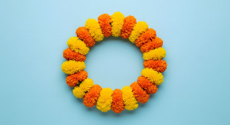 A circular garland made of fresh orange and yellow marigold flowers, lying flat on a plain light blue background. This top-down view shows a traditional decoration used for festivals like Diwali or Dussehra.の素材