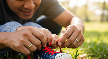A close-up, heartwarming shot of a smiling father's hands teaching his child's hands to tie bright red shoelaces on a blue canvas sneaker. They are sitting on lush green grass outdoors in a sunny park, symbolizing fatherhood, parenting, guidance, and learning.の素材