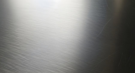 A macro, close-up photograph of a brushed metal texture, likely stainless steel or aluminum. The clean, diagonal lines of the grain are visible, with a smooth reflection of light across the surface. This abstract image conveys a modern, industrial, and sleek feel.の素材