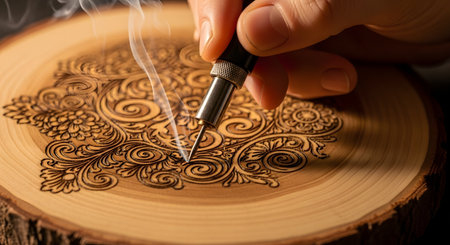 A close-up shot captures an artist's hand holding a pyrography pen, burning an intricate floral and paisley design into a round slice of wood. Smoke wisps up from the hot metal tip as it creates the detailed pattern. This image represents wood-burning, craftsmanship, art, and a creative hobby.の素材