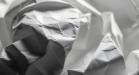 A black and white abstract macro photograph of a crumpled piece of paper. The close-up shot highlights the intricate textures, sharp folds, and dramatic shadows, creating a dynamic and minimalist composition. This image can represent concepts like waste, mistakes, creativity, or abstract art.の素材