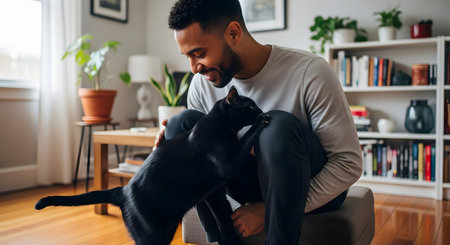 A smiling man in a casual grey shirt kneels in his bright, modern living room, affectionately petting his black cat. The cat is rubbing against his leg, and a bookshelf is visible in the background.の素材