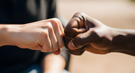 A close-up shot of two men's fists, one with light skin and one with dark skin, meeting in a supportive fist bump. The image symbolizes agreement, friendship, teamwork, and unity between diverse individuals.の素材