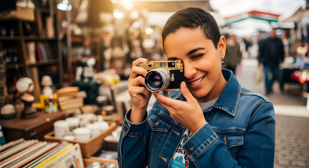 A smiling young woman with short hair takes a picture with a vintage film camera at an outdoor flea market. She is wearing a denim jacket, and the background is blurred with stalls of antiques and other people.の素材