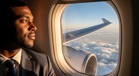 A professional Black businessman in a suit looks thoughtfully out of an airplane window. The view shows the aircraft's wing and engine high above a sea of white clouds, illuminated by the warm light of sunrise or sunset, suggesting travel, ambition, and a global perspective.の素材