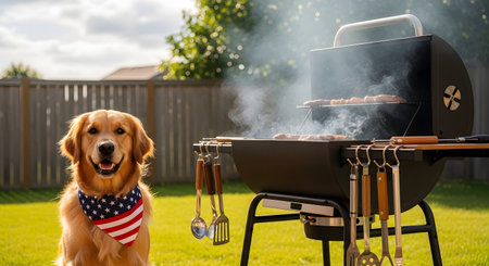 A happy golden retriever dog wearing an American flag bandana sits patiently in a sunny backyard next to a smoking barbecue grill. This image represents summer, 4th of July, holidays, and backyard parties.の素材