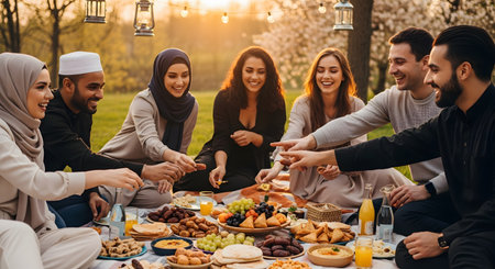 A diverse group of happy young friends, including Muslim men and women, are sitting on a blanket on the grass, sharing a picnic feast at sunset. This depicts an Iftar meal during Ramadan or an Eid celebration, with food, laughter, and community.の素材