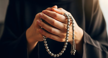 Close-up of a person's hands clasped together, holding silver Muslim prayer beads (tasbih or misbaha). The person is wearing black clothing, suggesting a moment of prayer, meditation, or religious devotion. The focus is on the hands and the shiny beads, conveying spirituality and faith.の素材