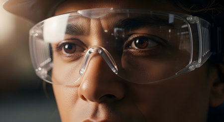 An extreme close-up of a person's focused eyes, looking forward with determination. The person is wearing clear, protective safety goggles, suggesting a work environment in construction, manufacturing, or a laboratory.の素材