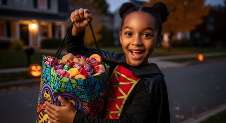 An excited young Black girl in a Halloween costume smiles brightly at the camera while trick-or-treating. She holds up a colorful bag overflowing with candy, standing on a suburban street at dusk with a jack-o'-lantern visible in the background.の素材