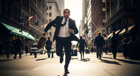 A businessman in a suit and tie runs down a city street, holding a briefcase, with a look of urgency or stress on his face. The low-angle shot captures the motion and energy of the urban commute or a chase.の素材