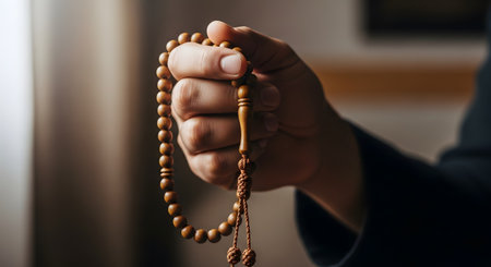 A close-up shot of a man's hand holding a strand of brown, wooden prayer beads (tasbih or misbaha) used for Islamic prayer. The hand is in a softly lit indoor setting, conveying a sense of peace, faith, and devotion. This image represents Islam, religion, prayer, and spirituality.の素材