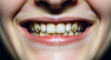 An extreme close-up of a person's mouth, showing a forced smile or grimace. The teeth have significant plaque, staining, and visible decay or cavities on the molars. This image represents poor dental hygiene, dental problems, or the need for a dentist.の素材