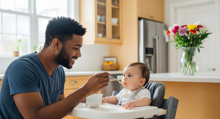 A smiling Black father lovingly feeds his baby, who is sitting in a high chair in a bright, modern kitchen. The father holds a spoon with puree, and the baby looks at him attentively. A vase of flowers sits on the counter behind them.の素材
