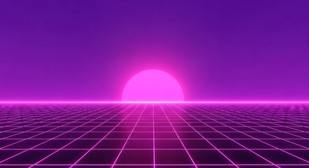 A retro-futuristic digital landscape with a glowing pink neon grid stretching to the horizon. A large, bright pink sun sets or rises against a vibrant purple sky, evoking 1980s synthwave and retrowave aesthetics.の素材