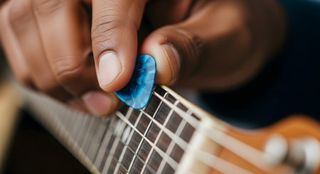 A macro close-up of a musician's hand holding a blue marbled guitar pick and strumming the strings of an acoustic guitar. The focus is on the pick and the fingers, highlighting the action of playing music. This image represents music, guitar playing, and artistry.の素材
