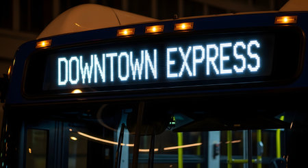 A close-up shot of an illuminated digital LED sign on the front of a public transit bus at night. The sign displays the words 'DOWNTOWN EXPRESS' in bright white dot-matrix letters. This image represents public transportation, city life, and commuting.の素材