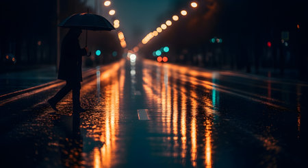 A silhouette of a person in a coat holding an umbrella walks across a wet city street at night. The dark, rainy pavement reflects the colorful, blurred bokeh lights from streetlights and traffic.の素材