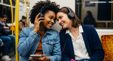 Two happy, diverse young women, a Black woman and a Caucasian woman, share headphones while listening to music on a smartphone. They are sitting close together on a subway or train, smiling at each other, representing friendship, connection, and urban commuting.の素材