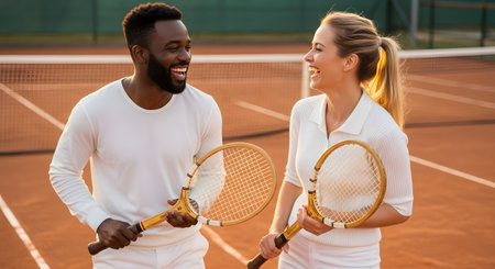 A happy, diverse couple, a Black man and a White woman, are laughing together on a clay tennis court. They are both dressed in white tennis attire and holding vintage wooden rackets, enjoying a moment of connection.の素材