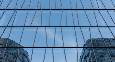 A modern glass and steel office building facade reflects a clear blue sky and another building. The symmetrical, grid-like pattern of the windows creates a corporate and architectural background.の素材