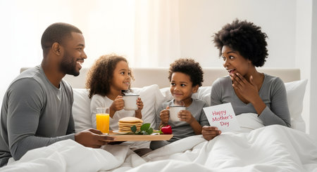 A happy family celebrates Mother's Day with breakfast in bed. The father and two smiling children present a surprised mother with a tray of pancakes, juice, a rose, and a 'Happy Mother's Day' card. This image captures a moment of family love, celebration, and appreciation.の素材
