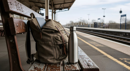 A brown canvas backpack with a laptop sticking out and a stainless steel water bottle sit on a weathered wooden bench at an empty train station platform. The train tracks and platform stretch into the blurred background, evoking a sense of travel, waiting, or commuting.の素材