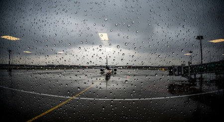 A view of an airport tarmac with an airplane in the distance, seen through a window covered in raindrops. The gloomy, wet weather suggests travel delays or a melancholy mood.の素材