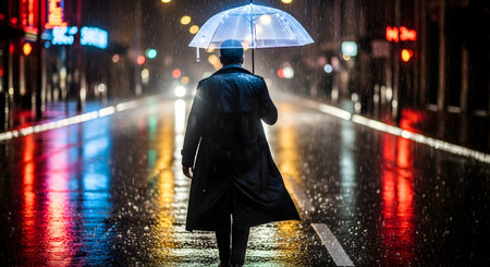 A man in a trench coat, seen from behind, holds a clear, illuminated umbrella while walking down a city street at night. The heavy rain is visible, and the wet pavement reflects the colorful neon and car lights, creating a cinematic, moody, and lonely atmosphere.の素材