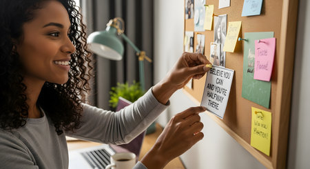 A smiling woman pins a motivational quote card that reads BELIEVE YOU CAN AND YOU'RE HALFWAY THERE" to a cork vision board. This action represents goal setting inspiration positive thinking and personal development in a home office setting."の素材