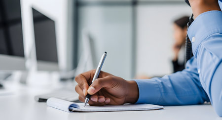 A close-up shot of a business person's hand writing notes with a pen in a spiral notebook at an office desk. The blurred background shows computer monitors, representing work, meetings, studying, and business communication.の素材