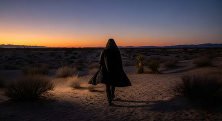 A mysterious, anonymous figure wearing a long black hooded cloak walks away from the camera in a vast desert landscape. The person is walking on sand towards a beautiful sunset or sunrise on the horizon, creating a moody and cinematic scene.の素材