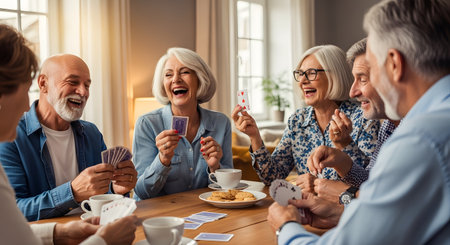 A group of happy seniors, three men and three women, are laughing while playing cards around a wooden table. They are in a cozy room, enjoying coffee and cookies, conveying friendship, fun, and active retirement.の素材