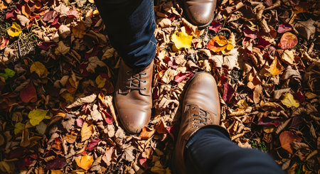A top-down, point-of-view shot of a person's feet, wearing dark jeans and brown leather boots. The person is standing on a ground covered in a thick carpet of colorful red, yellow, and brown autumn leaves.の素材