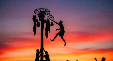 A silhouette of several men climbing a greased pole (Panjat Pinang) during a stunning sunset. One man is near the top, reaching for prizes like a bicycle wheel. This image captures the traditional Indonesian game celebrating Independence Day, showing teamwork and struggle.の素材