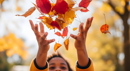 A close-up of a child's hands tossing a pile of colorful red and yellow autumn leaves into the air. The blurred background shows a park in the fall, capturing a moment of joy, play, and seasonal fun.の素材