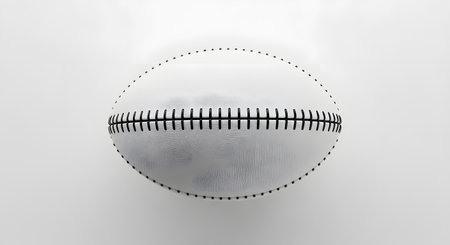 A minimalist, abstract 3D rendering of a white textured ball with black stitching, isolated on a white background. The unusual stitching pattern gives it a generic, conceptual feel related to sports.の素材