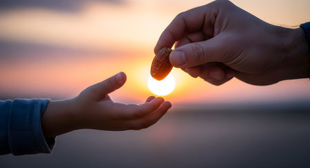 A close-up silhouette of an adult's hand giving a single date fruit to a child's cupped hand. The exchange happens against the beautiful, blurred backdrop of a glowing sunset, symbolizing charity, sharing, and Ramadan.の素材