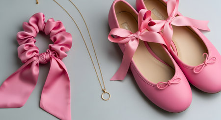 A flat lay of feminine accessories on a gray background. The items include a pair of pink ballet flats with satin ribbons, a matching pink silk scrunchie, and a delicate gold circle pendant necklace.の素材