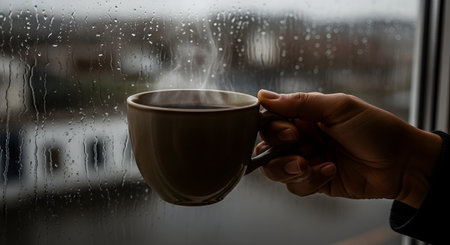 A person's hand holds a ceramic mug of hot, steaming coffee or tea next to a window covered in raindrops. The moody, cozy scene evokes feelings of comfort, relaxation, and warmth on a cold, rainy day.の素材