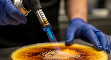 A close-up shot of a chef's hands, wearing blue nitrile gloves, using a kitchen torch to caramelize the sugar on top of a creme brulee. The blue flame is melting and browning the sugar, creating a crispy crust on the custard dessert. This image represents gourmet dessert preparation.の素材
