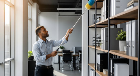 A man in a blue shirt uses a long-handled, colorful feather duster to clean a high shelf in a modern, sunlit office. He is focused on his task, representing cleaning, maintenance, and workplace hygiene. The office is bright with large windows and organized shelves.の素材