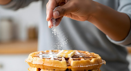 A close-up of a hand sprinkling powdered sugar over a stack of golden Belgian waffles. The waffles are topped with a pat of butter and maple syrup. This image creates a delicious and comforting breakfast scene.の素材