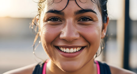 A close-up portrait of a happy, smiling woman looking directly at the camera. Her face and hair are covered in sweat, indicating she has just finished an intense workout. The image conveys health, fitness, and accomplishment.の素材