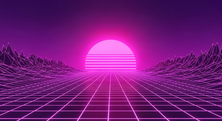 A retro-futuristic synthwave background in neon pink and purple. It features a digital wireframe landscape with mountains and a grid floor leading to a striped, setting sun, reminiscent of 1980s arcade and computer graphics.の素材
