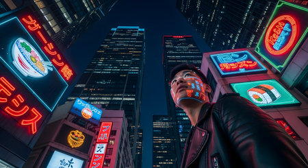 A low-angle shot of an Asian man looking up at towering skyscrapers in a futuristic, cyberpunk-style city at night. Bright neon signs in Japanese or Chinese, advertising food, are reflected on his face.の素材