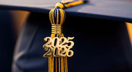 A close-up macro shot of a blue and gold graduation tassel with a '2025' and '2026' charm. The tassel is hanging from a dark blue graduation cap (mortarboard).の素材