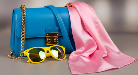 A collection of colorful women's fashion accessories, including a bright blue leather handbag with a gold chain, yellow sunglasses, and a pink silk scarf. The items are arranged in a stylish still life.の素材