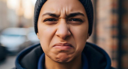 An extreme close-up of a person's face, wearing a black beanie, with a strong expression of disgust, annoyance, or displeasure. Their nose is scrunched, eyebrows furrowed, and mouth turned down.の素材